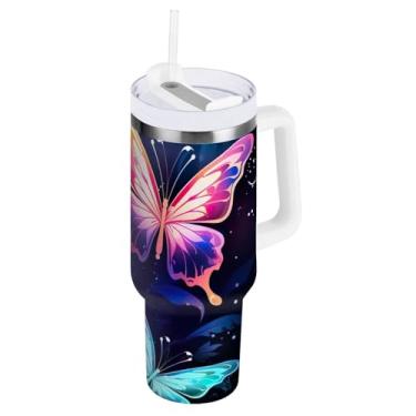 Imagem de ODAWA Copo de viagem grande isolado com alça e palha, borboletas neon, preto, parede dupla, copo isolado