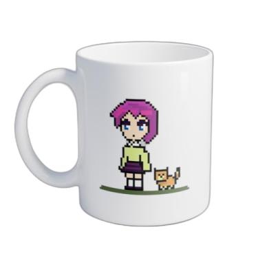 Imagem de Caneca Xícara de Café Porcelana 300ml Garota Fofa Pixel e Gatinho