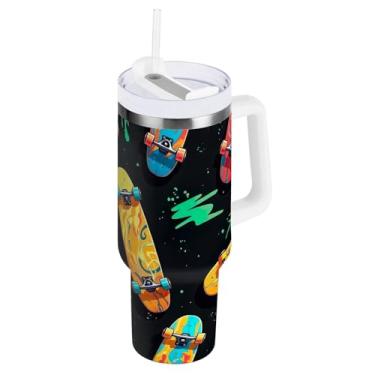 Imagem de Caneca isolada para skates de 850 g preta amarela com tampa e canudo, copo com isolamento duplo