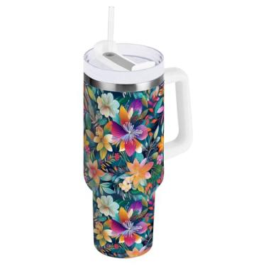 Imagem de Copo de café grande para viagem com tampa e canudo, copo isolado de parede dupla com flores coloridas