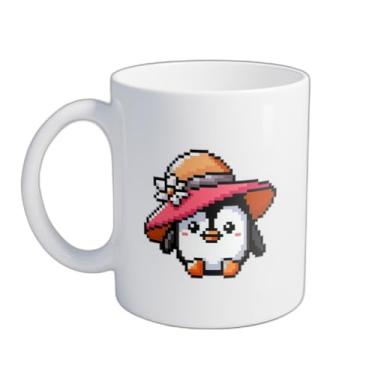 Imagem de Caneca Xícara de Café Porcelana 300ml Pinguim Chapéu Praia Pixel Art
