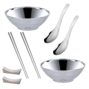 Imagem de BYEGOU Conjunto de tigelas de ramen de aço inoxidável, tigelas de macarrão de parede dupla de 19 cm com colheres de pauzinhos e descansos de pauzinhos, tigela de jantar moderna para salada Ramen Pho
