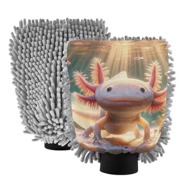 Imagem de ODAWA Luva de lavagem de carro axolotl subaquática rosa chenille pacote com 2, luvas de lavagem de carro para canhão de espuma 20,5 cm x 30 cm