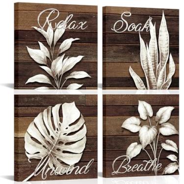 Imagem de LoveHouse Arte de parede em tela de folhas verdes botânicas, 30,5 x 30,5 cm, conjunto de 4 peças, decoração interna com texto dourado, suporte de parede, estilo Art Deco