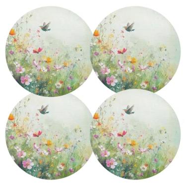 Imagem de Jogo americano floral verde prado conjunto de 4 jogos americanos de PVC redondos 38 cm para mesa lavável tapetes para festa de Natal