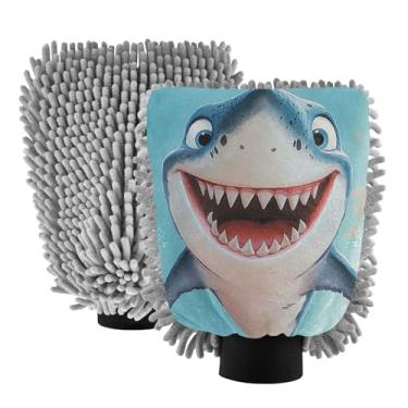 Imagem de ODAWA Lindos tubarões de desenho animado azul chenille microfibra luvas de lavagem para lavagem de carro, pacote com 2, luva de detalhe automático sem fiapos para caminhões 20,5 x 30 cm