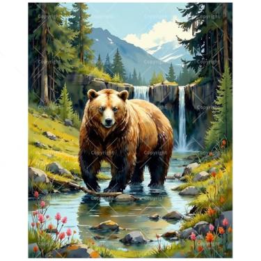 Imagem de Kit de pintura de urso marrom por números para adultos - Urso pardo faça você mesmo por Waterfall em pintura em tela, conjunto de tinta acrílica, adequado para iniciantes, arte para decoração de casa