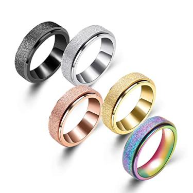 Imagem de COLORFUL BLING Conjunto de 5 peças de anel giratório de aço inoxidável de titânio 6 mm para ansiedade, acabamento com purpurina, acabamento de arco-íris, alívio da preocupação para mulheres e homens,