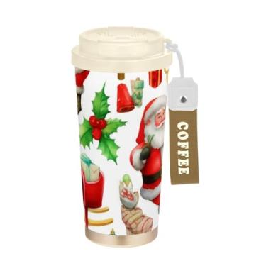 Imagem de TSENQUE Copo de café de 473 ml com revestimento cerâmico, copo de café de aço inoxidável com tampa e canudo, copo isolado a vácuo, desenho animado de Natal Papai Noel fofo
