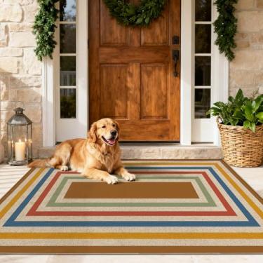 Imagem de JROSING Tapete de juta fácil listrado lavável 7,5 x 12,5 cm, colorido ao ar livre, pátio, moderno, geométrico, neutro, tapete fino, tecido antiderrapante, para sala de estar, quarto, entrada, casa de