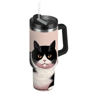 Imagem de Joisal Copos de aço inoxidável com tampa e canudo Preguiçoso Bonito Preto Branco Gato Carros Caneca de Café Impressão de Bebida Quente Copo de 850 g com Alça Garrafa de Água Isolada