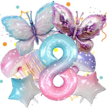 Imagem de 8 balões de borboleta, cogumelo, estrela, feliz aniversário redondo e balão colorido número 8 de 101 cm para decoração de festa de 8 anos de Fariy Girls. (8º)