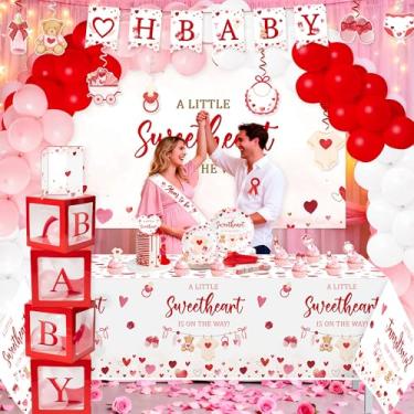 Imagem de G1ngtar Decoração de chá de bebê do Dia dos Namorados - 226 peças A Little Sweetheart Is On The Way Balão Guirlanda Arco Kit Prato Pano de Fundo Toalha de Mesa Banner Mom to Be Faixa Topo de Bolo para