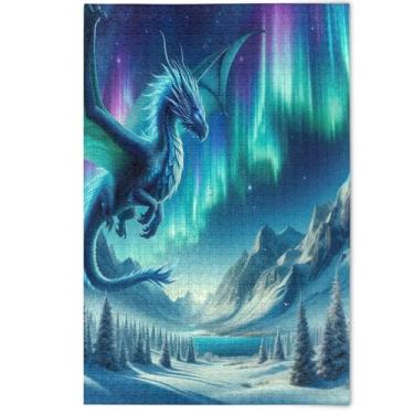 Imagem de Quebra-cabeça de inverno azul brilhante dragão 1000 peças para adultos, presentes de elefante branco para a família, natureza, adultos, animais, arte floral, 1000 peças, 75 x 50 cm