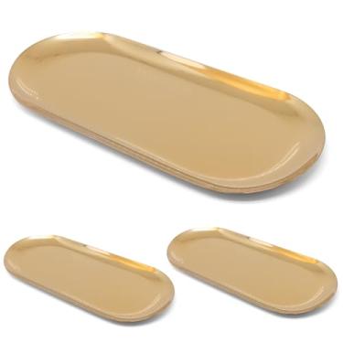 Imagem de BENLIUDH 3 bandejas decorativas douradas, bandeja dourada de aço inoxidável, bandeja de banheiro para banheiro, bandejas organizadoras de cosméticos para decoração, para guardar perfume, chaves, vela