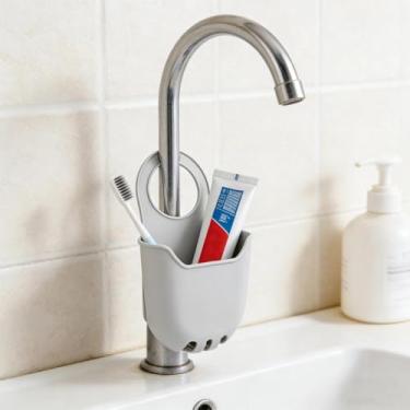 Imagem de 1 pç bolsa suspensa para pia de cozinha, cesta de ralo de pia de torneira, bolsa de armazenamento de pano de esponja adequada para cozinha e banheiro (cinza)