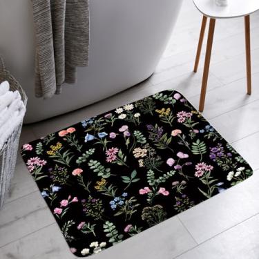 Imagem de HWSSHW Tapete de banho floral preto, flores silvestres, flores rústicas, folhas verdes, casa de fazenda, microfibra botânica, espuma de memória, decoração de banheiro, tapetes para cozinha e quarto