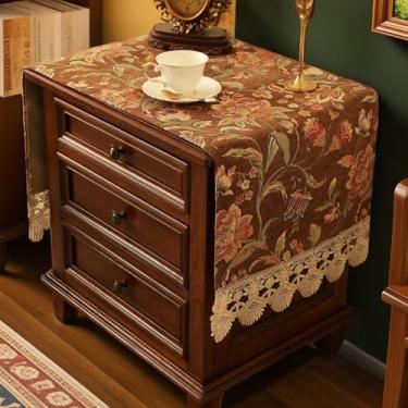 Imagem de Toalha de mesa de cabeceira floral para quarto, capa de mesa lateral rústica de fazenda com tecido de macramê chenille, capa de mesa de canto lavável para decoração de cômoda de sala de estar, café