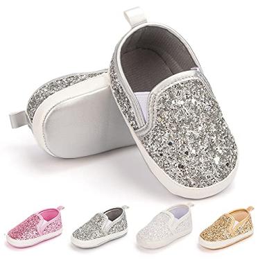 Imagem de Meckior Mocassim para bebês meninas meninos sapatos de lona sola macia infantil slip on recém-nascido berço tênis casual Austin meninos loafers preguiçosos primeiros andadores sapato de skate, B03/Prata, 6-12 Months Infant