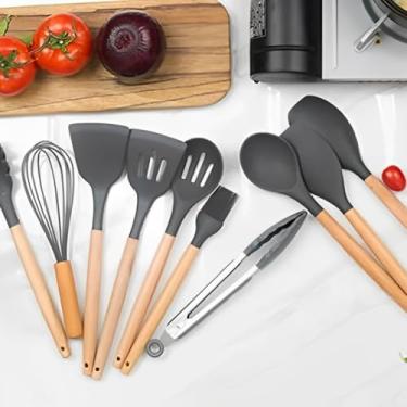 Imagem de Kit de Utensílios de Cozinha de Silicone, 12 Peças, Cabos de Madeira Antiderrapentes, Cozinha Completa (Creme)