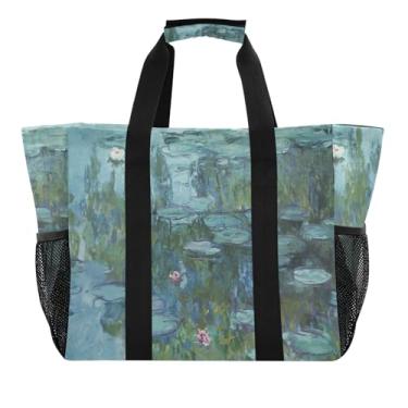 Imagem de Water Lilies Claude Monet Painting Travel Mom Tote Dobrável Grande Piquenique Reutilizável Sacola de Mercearia Tote Lavanderia Cool Utility Totes Bolsas para Mulheres Praia
