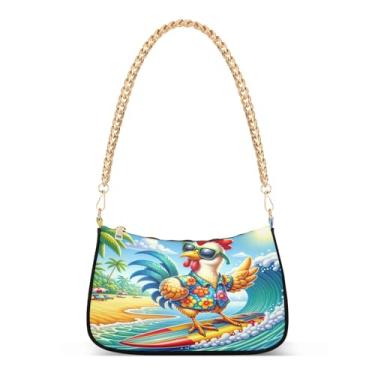 Imagem de Bolsa de ombro divertida com corrente costeira de galinha e surfe, linda bolsa Hobo média estampada para mulheres, bolsa moderna para uso diário e festa