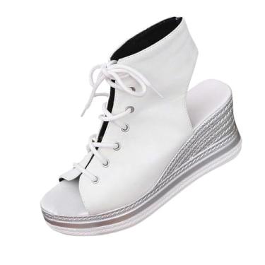 Imagem de Sandálias femininas modernas, casuais, versáteis, com sola grossa, estilo primavera e verão, salto plataforma, Branco, 35