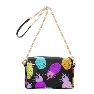 Imagem de Joitme Bolsa feminina tiracolo bolsa para celular linda abacaxi cores pretas desenho animado couro PU bolsa de ombro alça de corrente