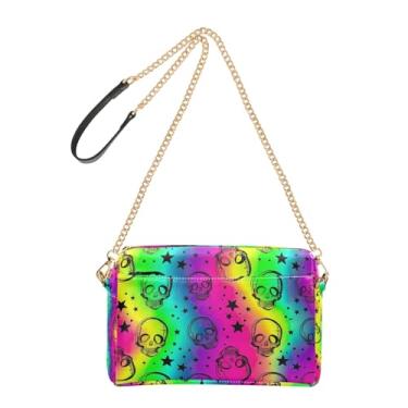 Imagem de Joitme Bolsas femininas bolsa transversal para celular linda néon colorido caveiras arco-íris couro PU bolsa de ombro com alça de corrente