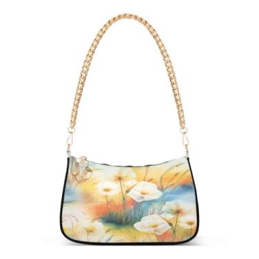 Imagem de Bolsa de ombro de corrente branca com flor floral pastel, bolsa feminina Hobo com capacidade média e estampa artística para uso diário e noturno