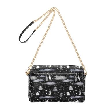 Imagem de Joitme Bolsas de ombro femininas bolsa tiracolo para celular fofas pinguins estrelas nuvem negra couro PU escuro bolsa de ombro com alça de corrente