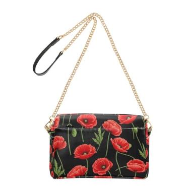 Imagem de Joitme Bolsa tiracolo feminina flores vermelhas preta bolsa de celular linda alça de corrente de couro PU bolsa de ombro