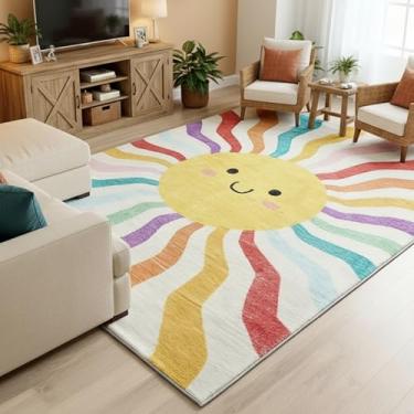 Imagem de Maasechs Tapete de sala de aula, tapete de canto calmo, estampa de sol com rosto sorridente, tapete educativo para decoração de assentos de quarto, tapete de brincar de 1,8 m × 10,8 m para ensinar