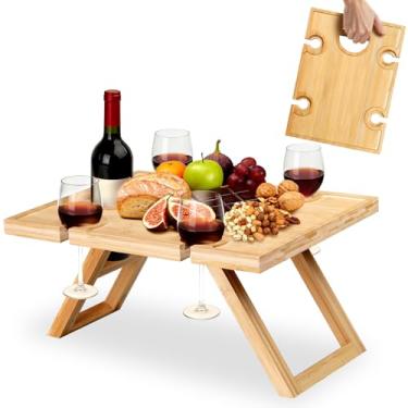 Imagem de MISTOD Mesa de piquenique portátil, mesa de piquenique de vinho dobrável com 5 suportes para copos de vinho, pequena mesa de champanhe para lanche e queijo para acampamento e parque
