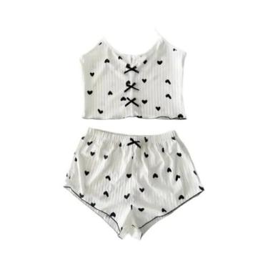 Imagem de Conjunto De Pijama Feminino Com Estampa De Coração, Top Cami E Shorts 