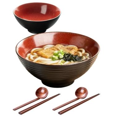 Imagem de Conjunto de 2 tigelas grandes de ramen japonês, tigelas de ramen de cerâmica de segurança com pauzinhos e colheres combinando, tigelas Pho de 20 cm de 1,134 g, tigela de macarrão ramen para sopa