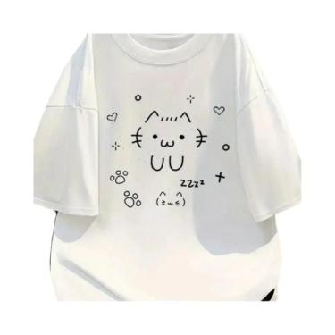 Imagem de Camiseta Casual Branca Com Estampa De Gato Cartoon Estilo Verão Divert