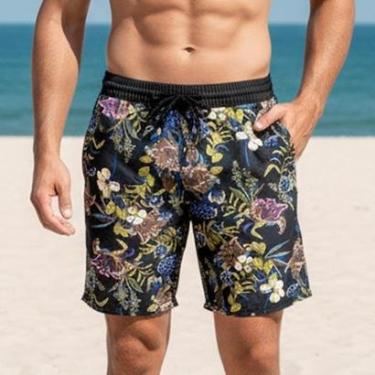 Imagem de Bermuda Estampada Tactel Elastano Short Premium Leve Praia - Preto - Florido - P-Masculino