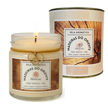 Imagem de Alenrose Vela Aromática Madeiras do Oriente – Amadeirado Ambarado, Cera de Coco Vegetal 100%, 150g, 30h de Queima, Pote de Vidro Luxo com Lata Decorativa