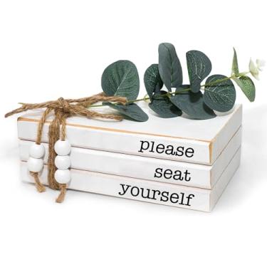 Imagem de LARAINEIK 3 peças de livros brancos decorativos de madeira, livros falsos de fazenda rústica para prateleiras de mesa de centro com borlas e folhas de contas de madeira, 18 cm x 12 cm x 6 cm (por