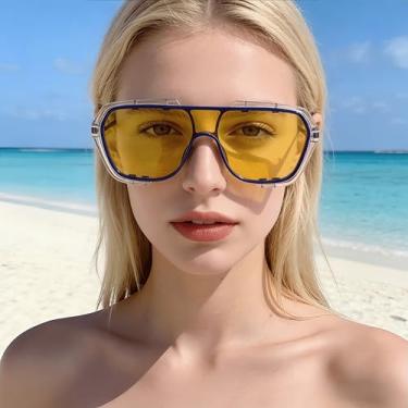 Imagem de Óculos de sol com armação grande para mulheres e homens, lentes amarelas com armação azul, óculos escuros modernos de verão com proteção UV para atividades ao ar livre