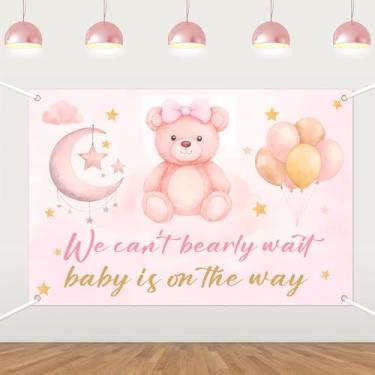 Imagem de Urso rosa com balões We Can't Bearly Wait pano de fundo de chá de bebê, fotografia de bebê está a caminho, lindos balões de desenho animado festa de chá de bebê, fotografia de urso recém-nascido