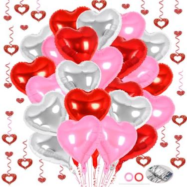 Imagem de 24 balões de coração vermelho rosa e prata, 100 peças de serpentinas penduradas, balões de coração de 45,7 cm, balão de dia dos namorados, balão de amor para decoração de festa de casamento