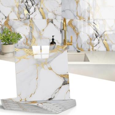 Imagem de Retire e cole azulejo Backsplash, 10 peças de azulejos de mármore autoadesivos à prova d'água para parede, painéis de parede de PVC, azulejos de chuveiro para banheiro, cozinha e sala de estar - não