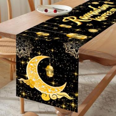 Imagem de Caminho de mesa Ramadan Kareem, corredor de mesa dourado preto com lanterna brilhante e padrão de lua, decoração de mesa de jantar de cozinha Eid para decoração de férias islâmicas e suprimentos de