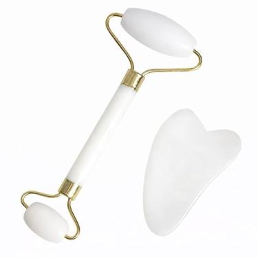Imagem de Massageador Facial De Pedra Jade + Pedra Gua Sha Para Olhos – Kit de Massagem Facial Relaxamento E Cuidados Com A Pele Indicado Para Uso Em Casa Ou Em Rotinas Profissionais De Estética (Branco)