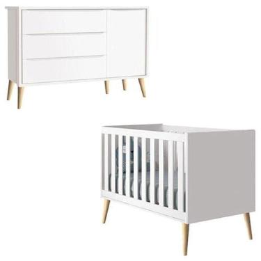 Imagem de Berço Americano E Cômoda Com Porta Infantil Theo Branco Acetinado Pés 