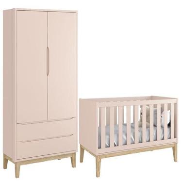 Imagem de Berço Americano e Guarda Roupa Classic 2 Portas Rosa com Pés Madeira N