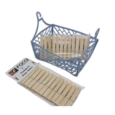 Imagem de Kit Prendedor de Madeira com Cesto Organizador para Roupas