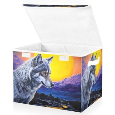 Imagem de Blueangle Cestos de armazenamento Sunset Wolf com tampas, 42 x 32 x 30 cm, grande cesta organizadora dobrável para decoração de casa e escritório (385)
